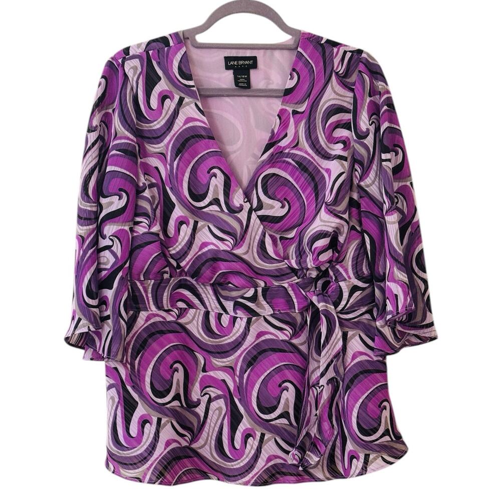 Lane Bryant Purple Swirl V-Neck Blouse Bell Sleeves Size 14/16